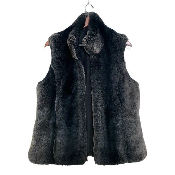 Vintage 90s Y2K Kristen Blake Reversible Black & Gray Faux Fur Zip Front Vest - Picture 2 of 6